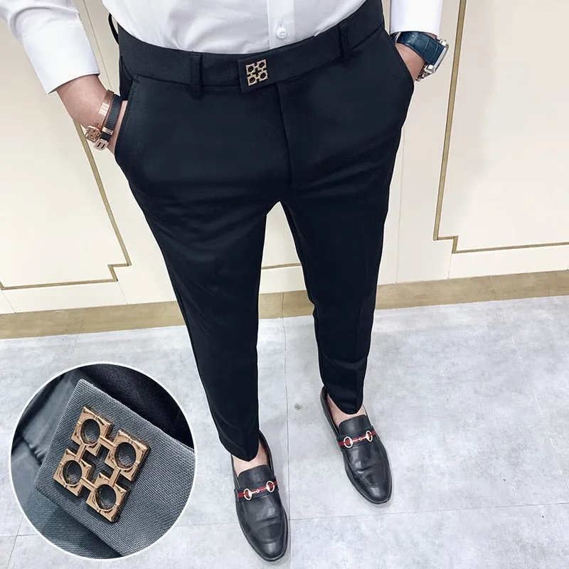 Buttoned Belt Accent Men Slim Fit Formal Pants