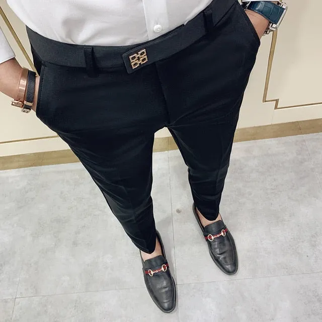 Buttoned Belt Accent Men Slim Fit Formal Pants