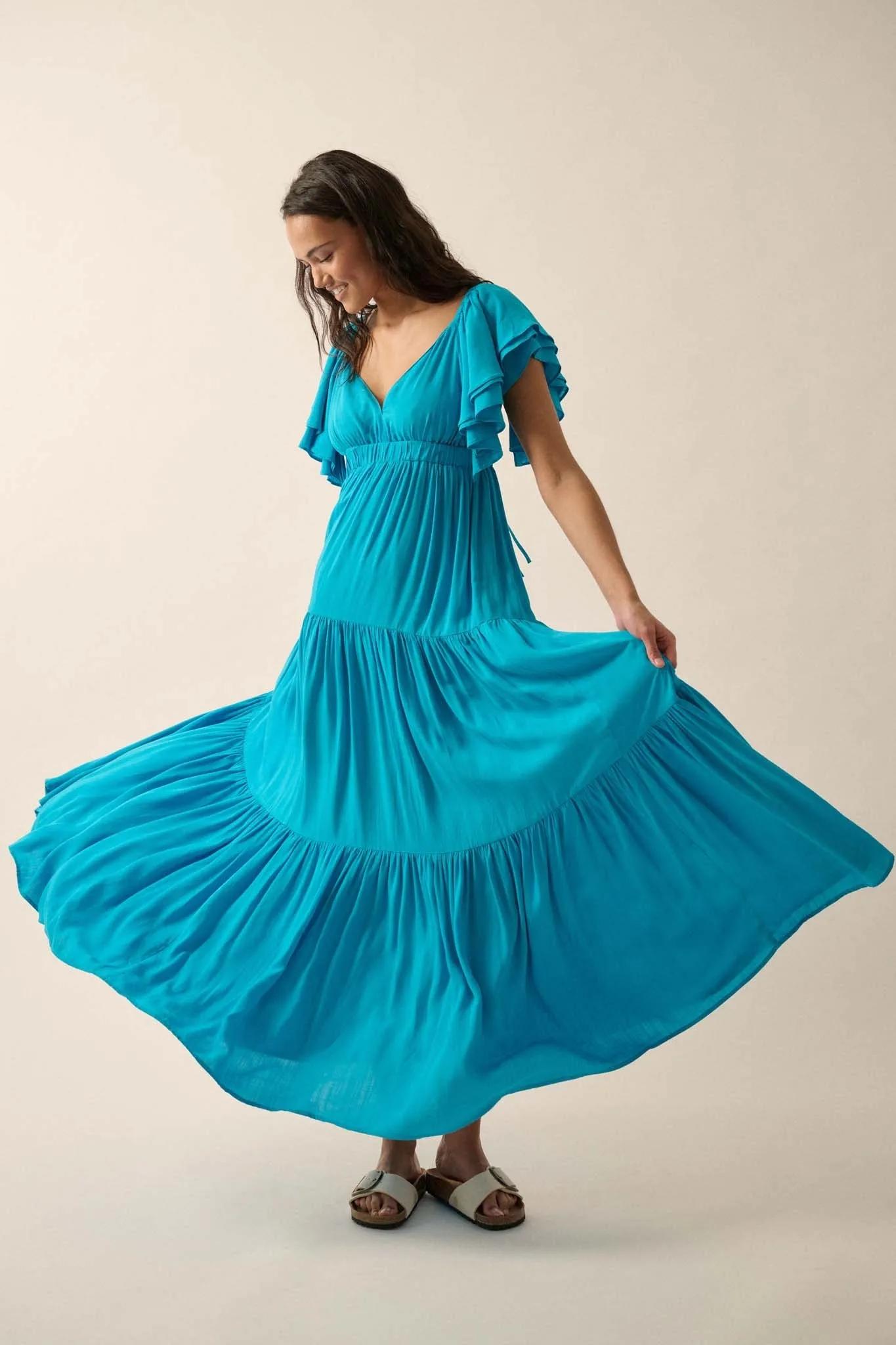 Catch the Wind Ruffle-Sleeve Tiered Maxi Dress