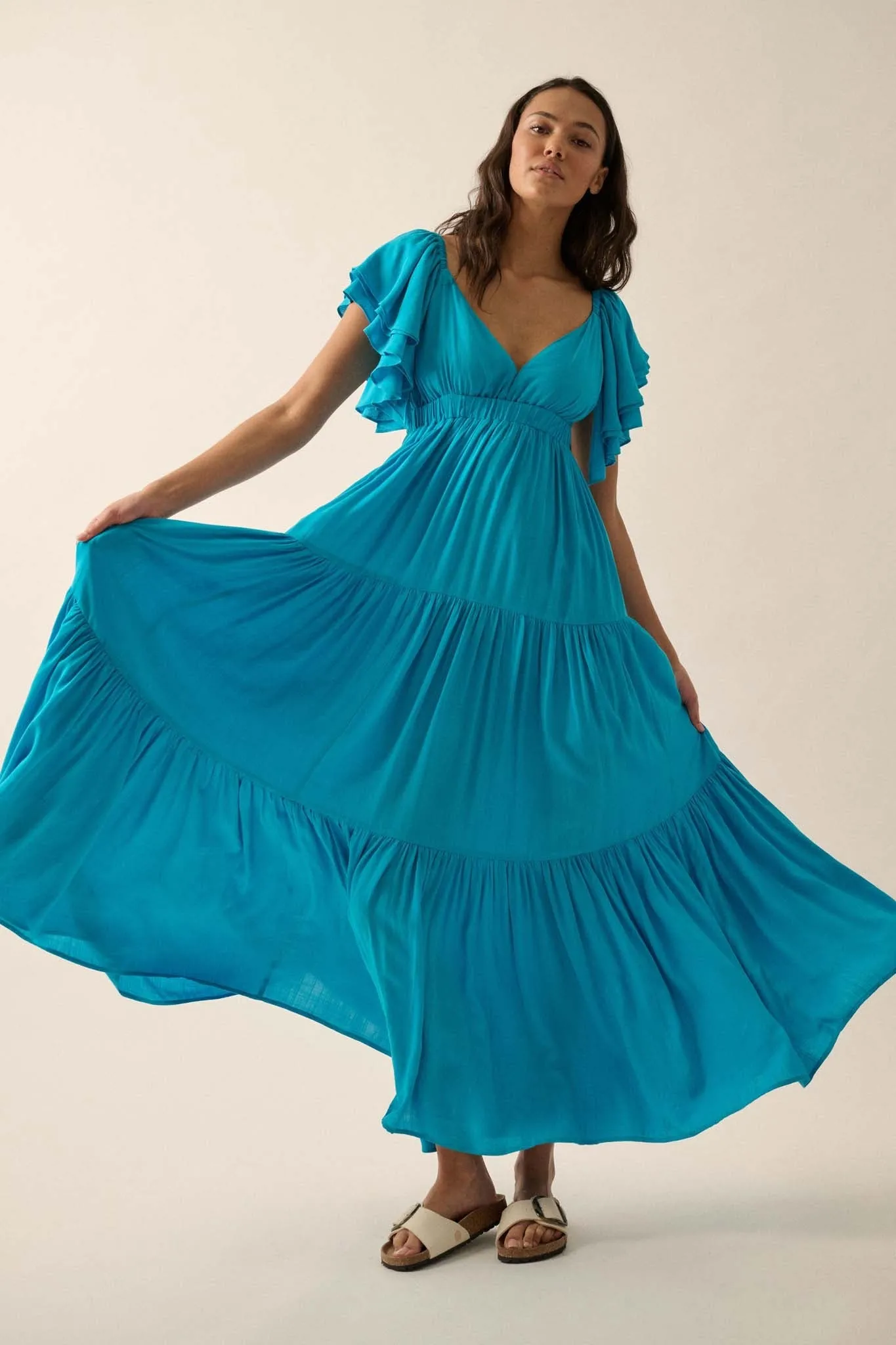 Catch the Wind Ruffle-Sleeve Tiered Maxi Dress