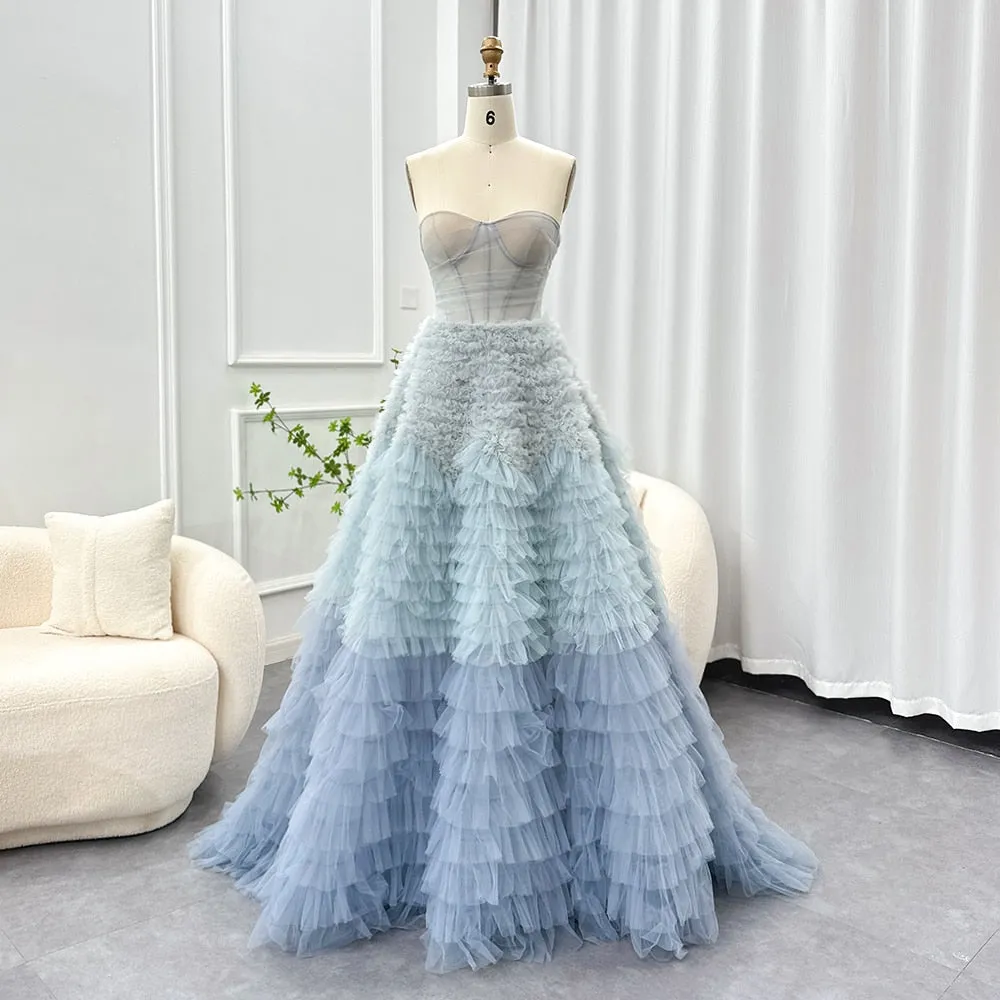 Chic Blue Ombre Tiered Ruffles Ball Gown Evening Dress SF086