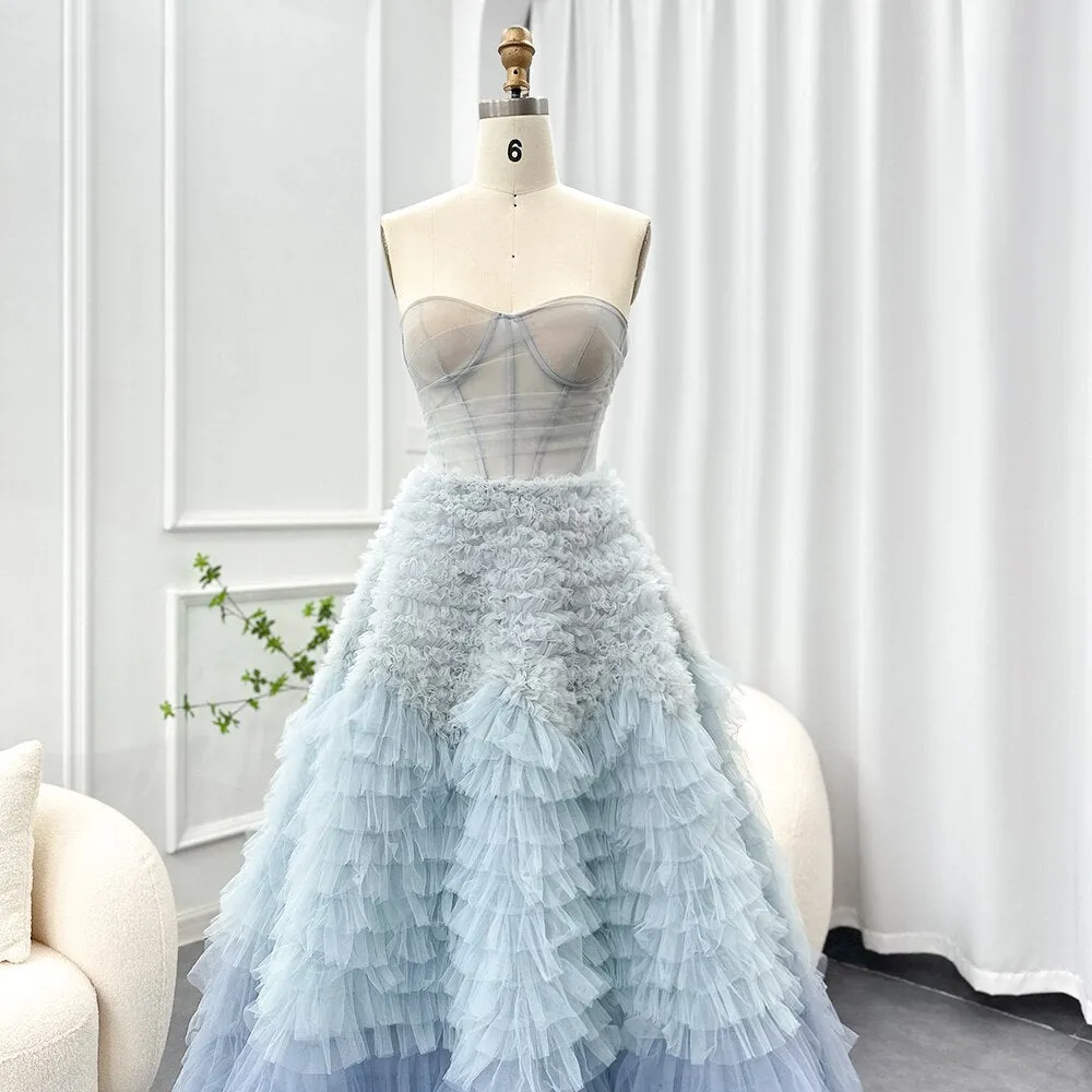 Chic Blue Ombre Tiered Ruffles Ball Gown Evening Dress SF086