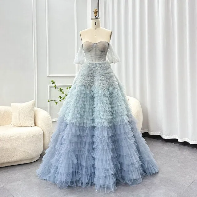 Chic Blue Ombre Tiered Ruffles Ball Gown Evening Dress SF086