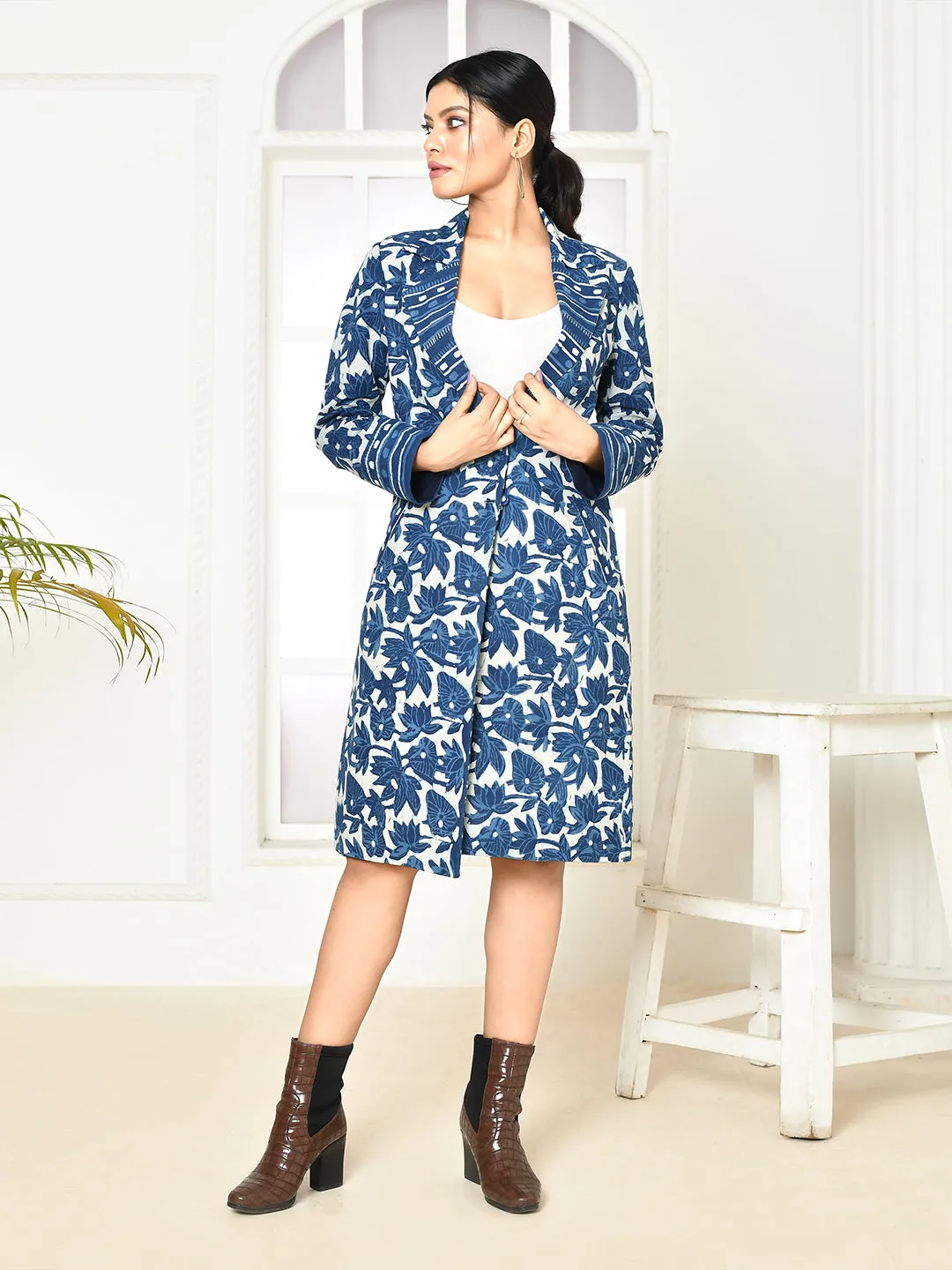 Chole Indigo Pure Cotton Dabu Printed Trench Coat