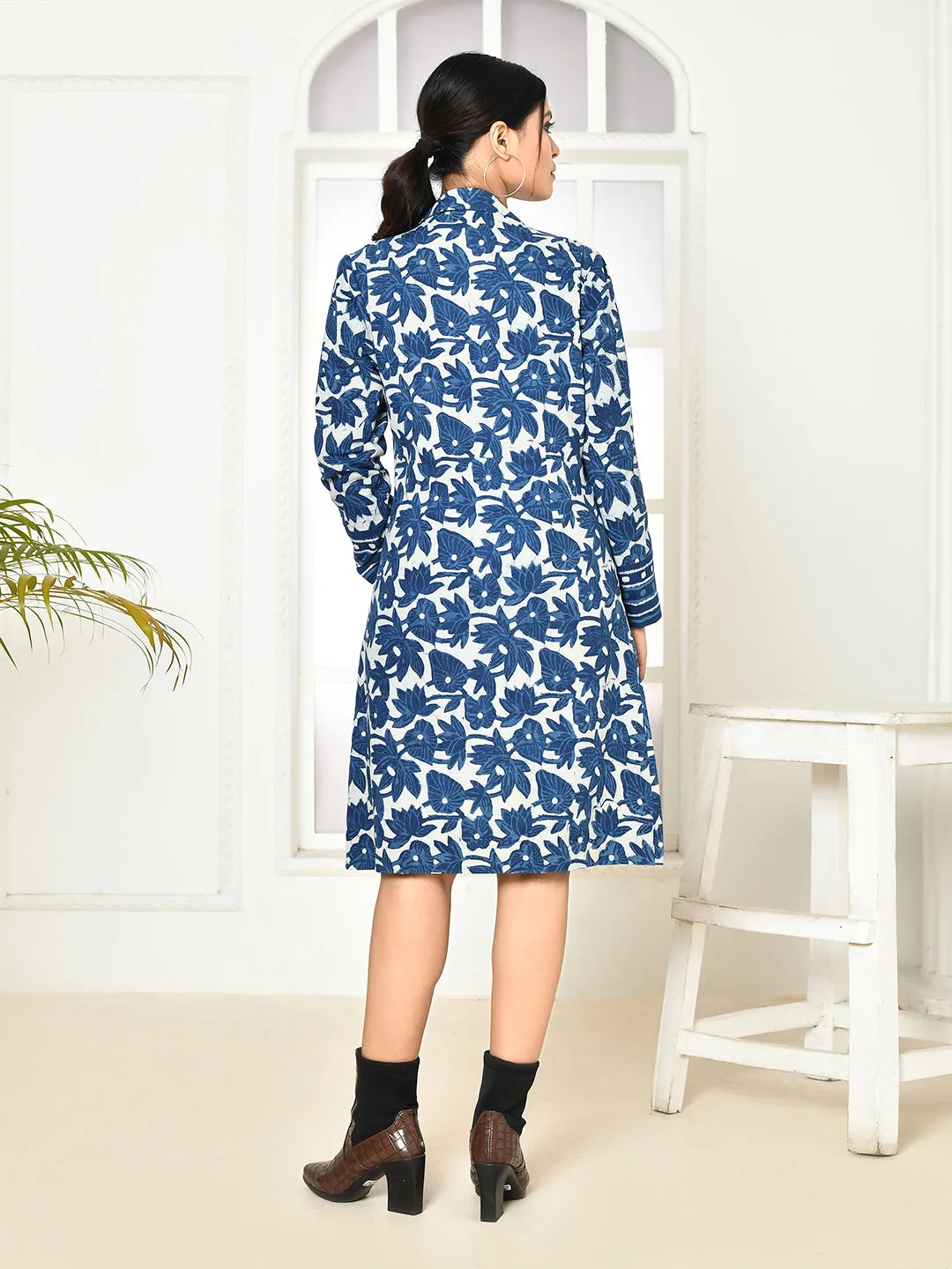 Chole Indigo Pure Cotton Dabu Printed Trench Coat