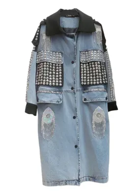 Crystal Beaded Denim Rivet Trench Coat