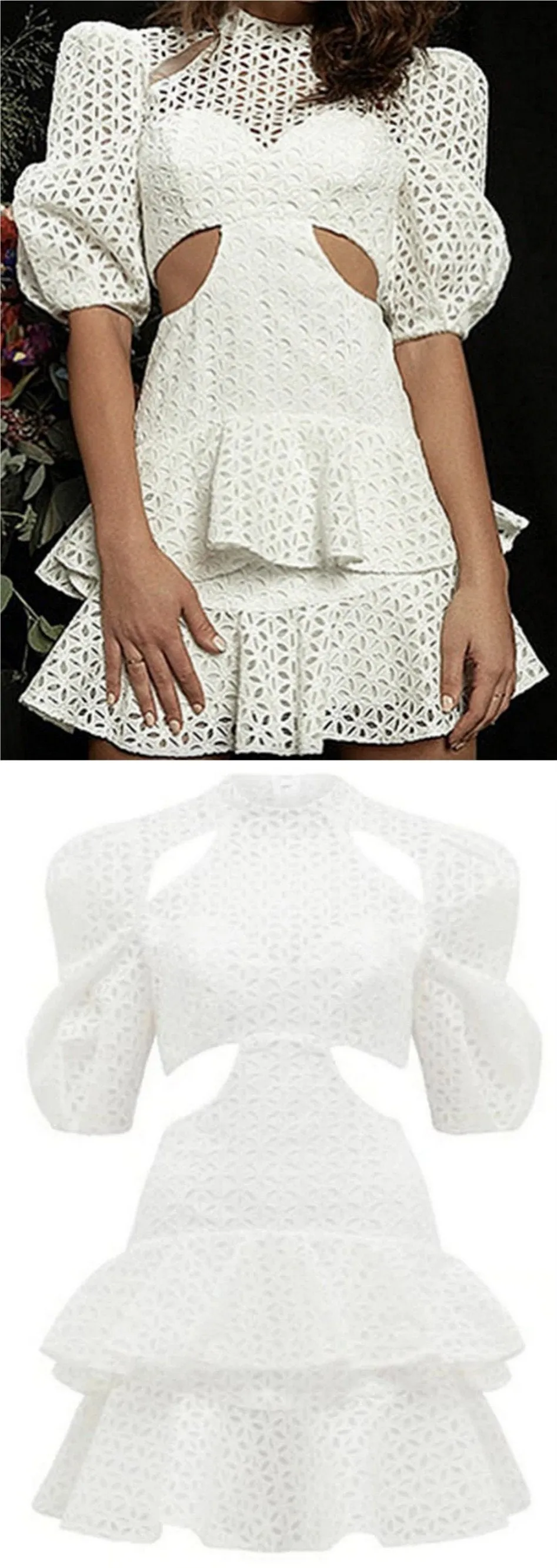 Cut-Out Puff-Sleeve Ruffle Tiered Mini Dress