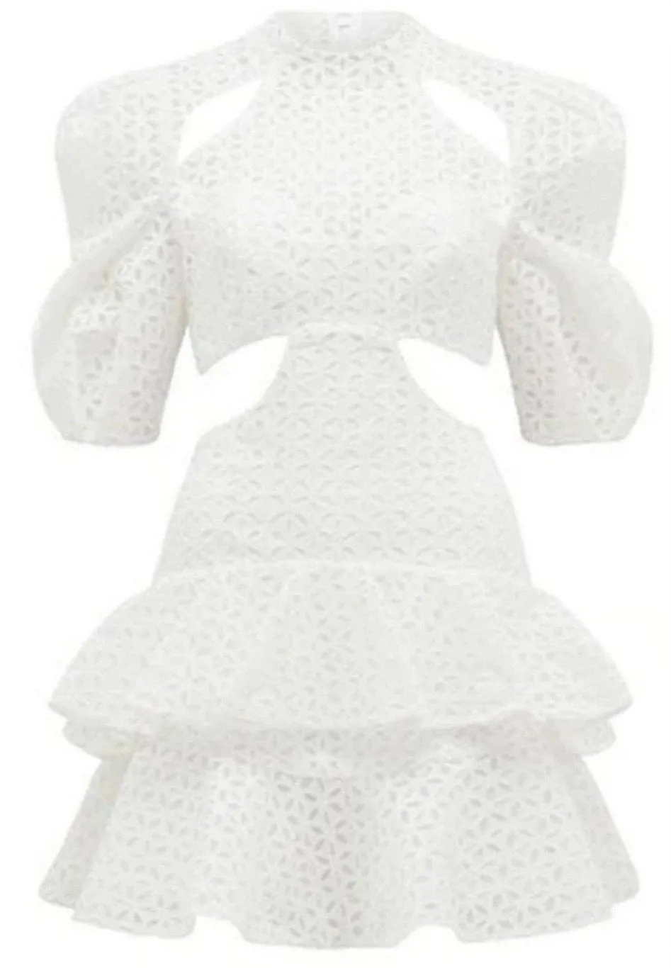 Cut-Out Puff-Sleeve Ruffle Tiered Mini Dress