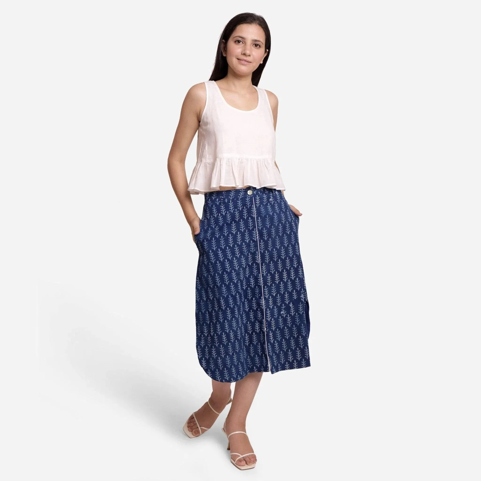 Dabu Block Printed Cotton A-Line Midi Skirt