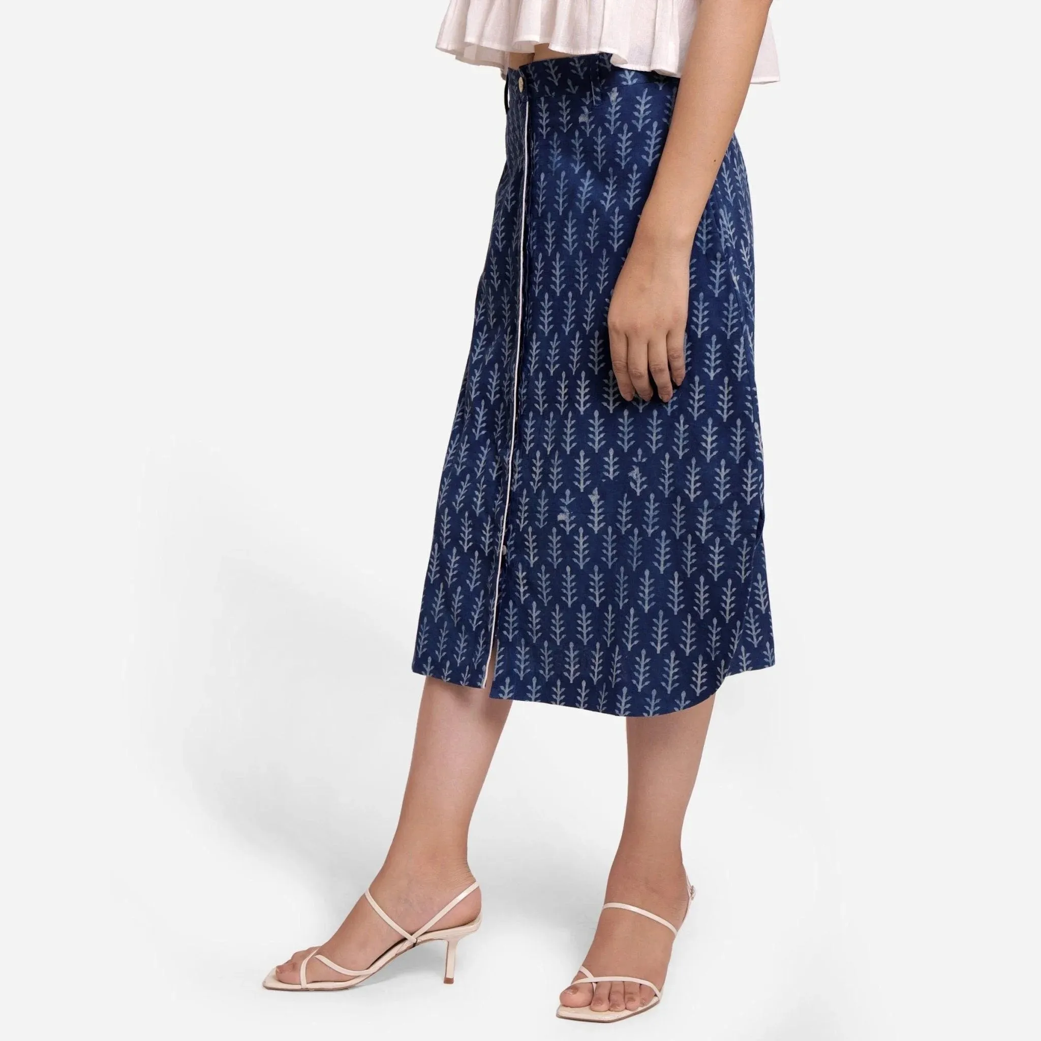 Dabu Block Printed Cotton A-Line Midi Skirt