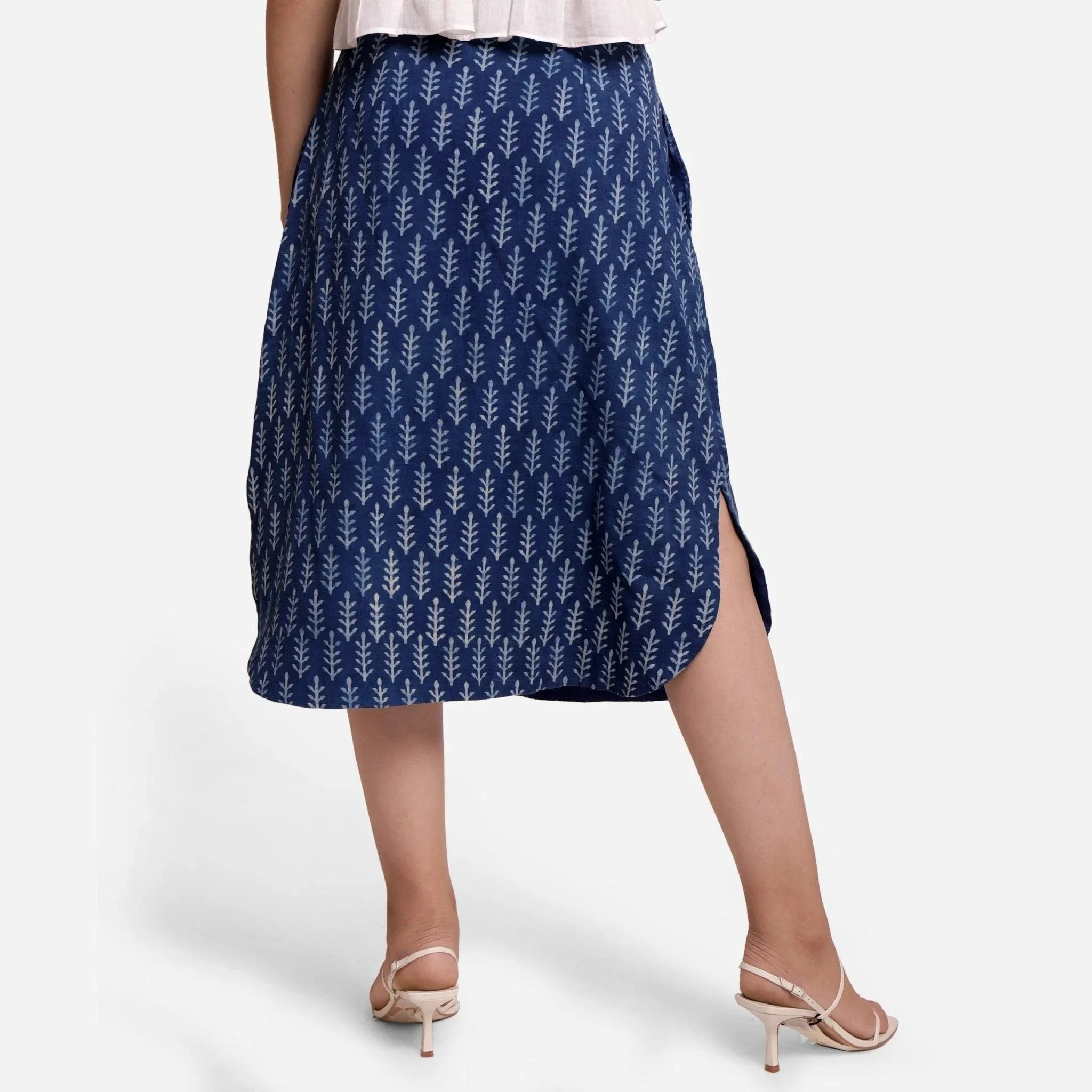 Dabu Block Printed Cotton A-Line Midi Skirt