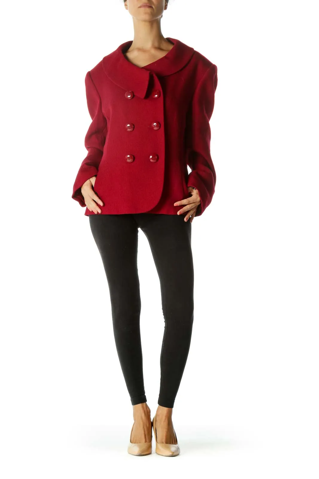 Dark Red Wool Blend Round-Collar Design Padded Shoulders Blazer