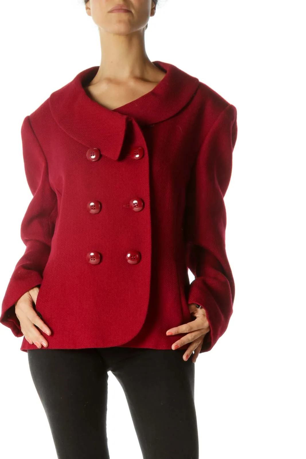 Dark Red Wool Blend Round-Collar Design Padded Shoulders Blazer