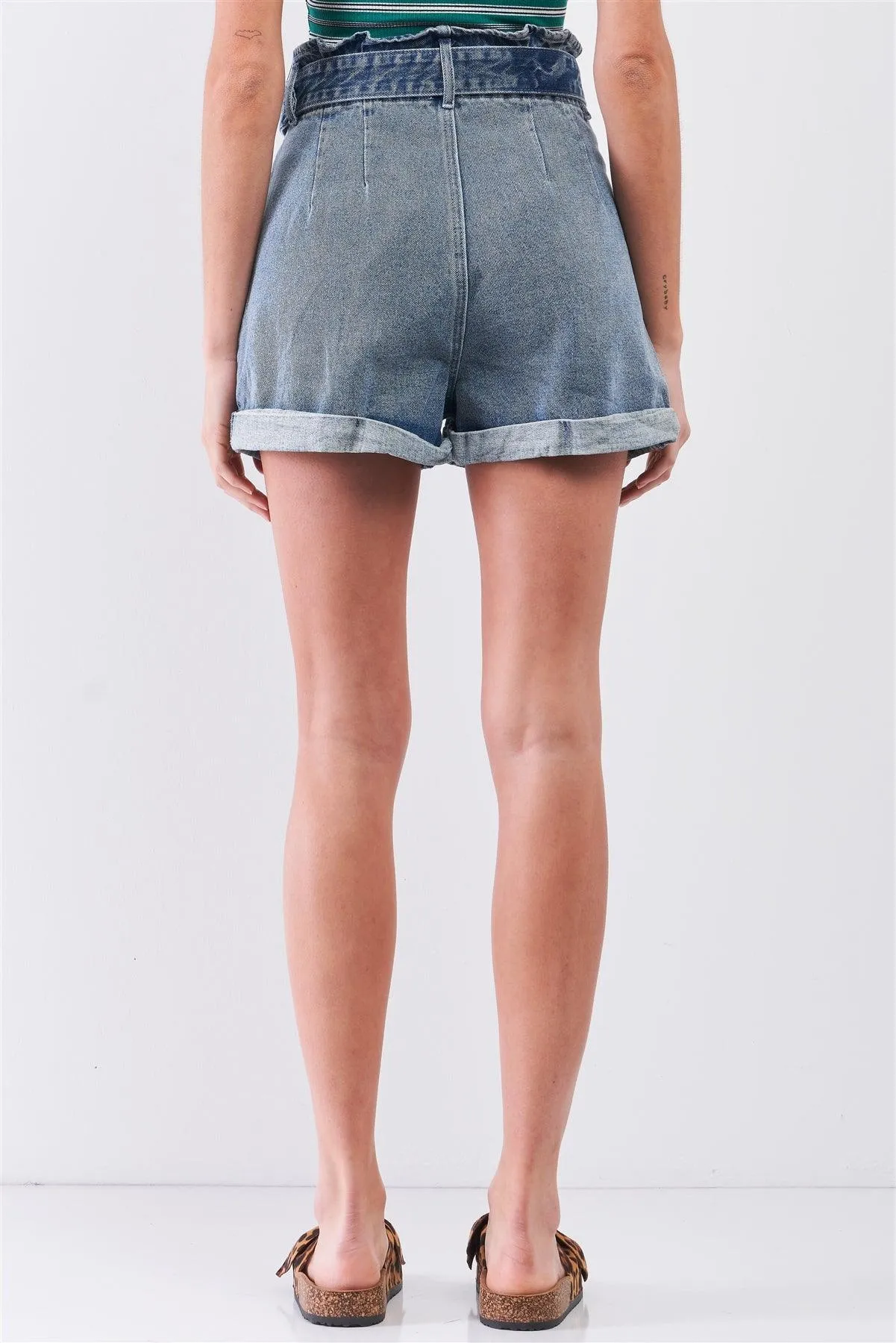 Dark Washed Denim Vintage High-Waisted Round Buckle Belt Folded Hem Shorts /3-2-1