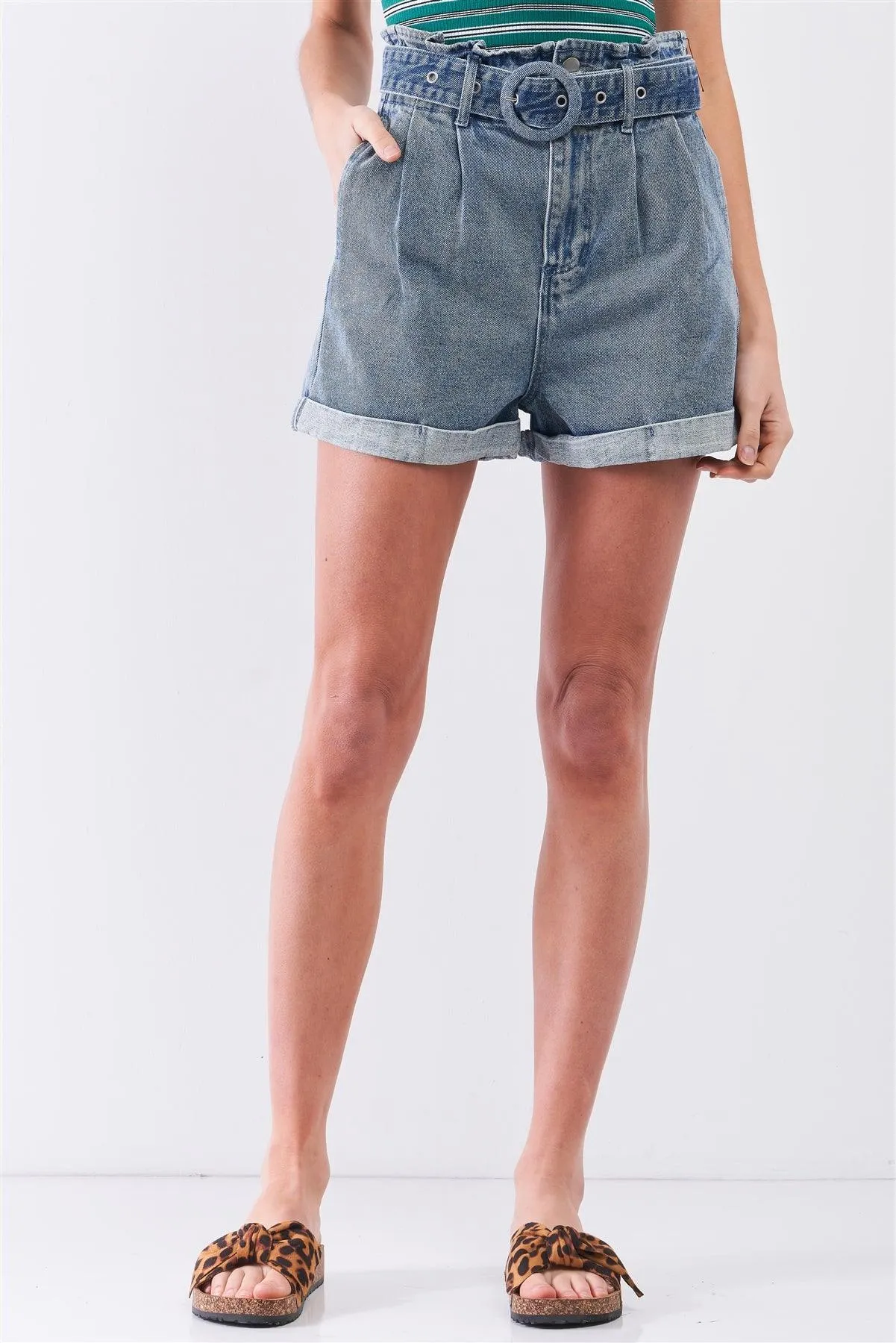 Dark Washed Denim Vintage High-Waisted Round Buckle Belt Folded Hem Shorts /3-2-1