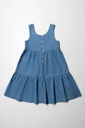 Denim Strappy Tiered Dress With Buttons Lt Wash