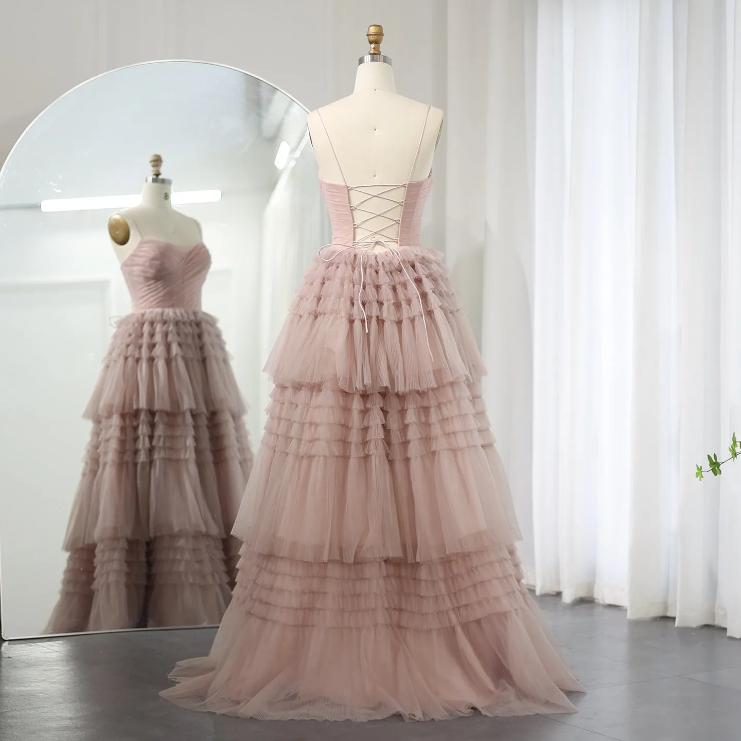 Elegant Pink Tiered Puffy Spaghetti Evening Dress SS245