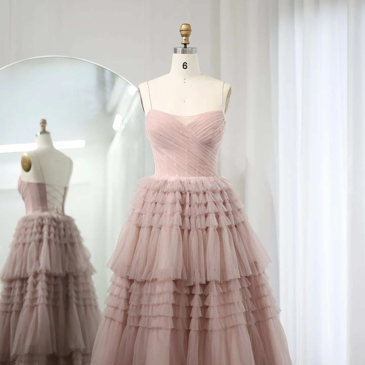 Elegant Pink Tiered Puffy Spaghetti Evening Dress SS245