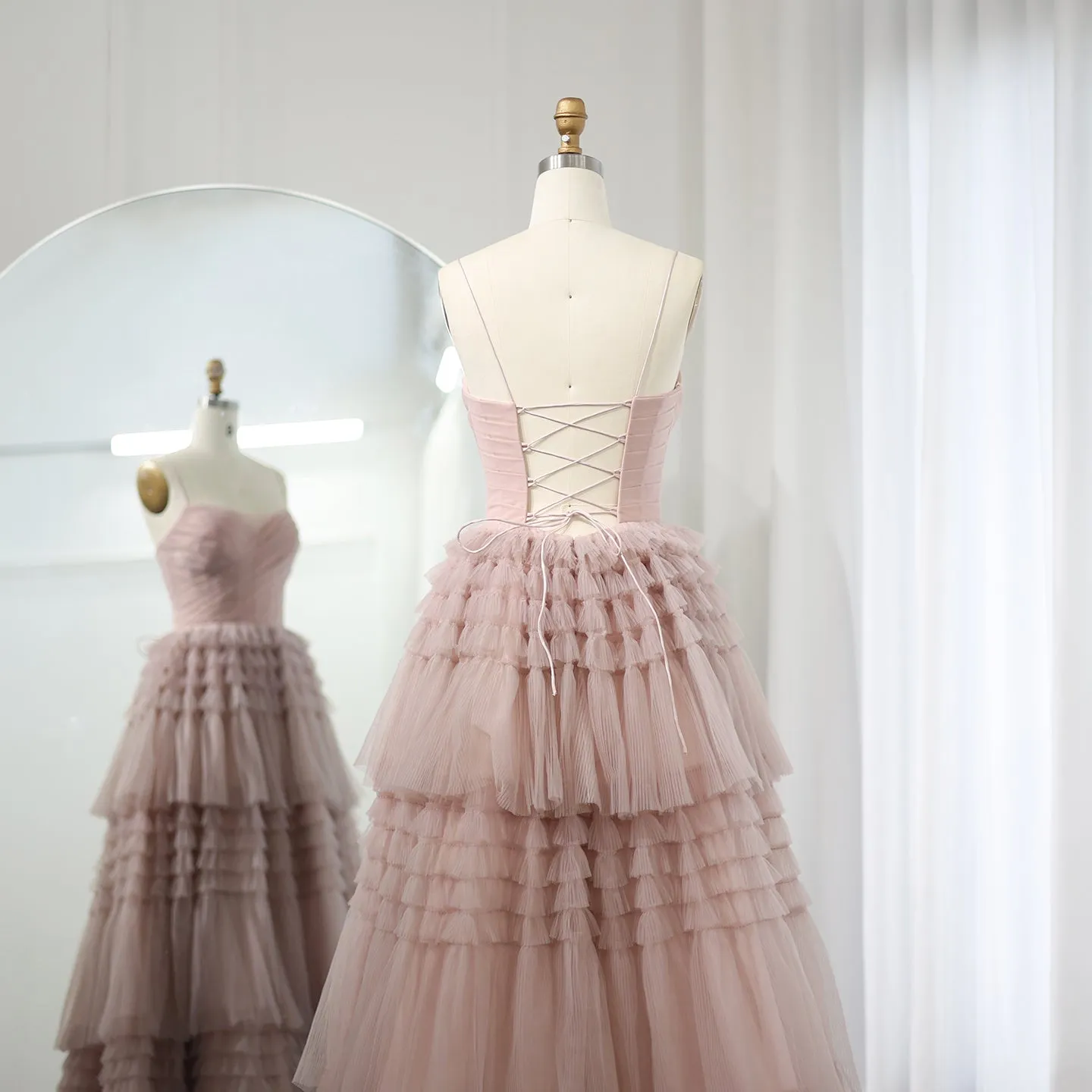 Elegant Pink Tiered Puffy Spaghetti Evening Dress SS245