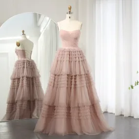 Elegant Pink Tiered Puffy Spaghetti Evening Dress SS245