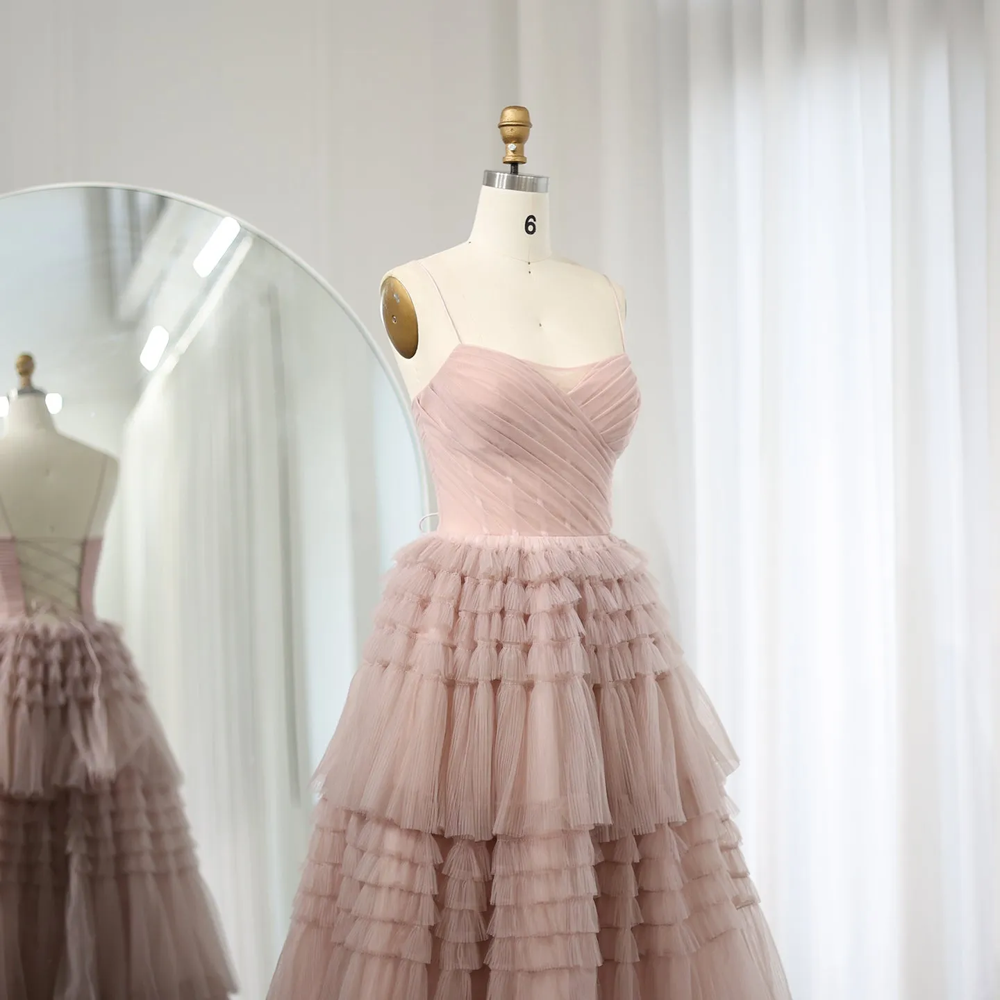 Elegant Pink Tiered Puffy Spaghetti Evening Dress SS245