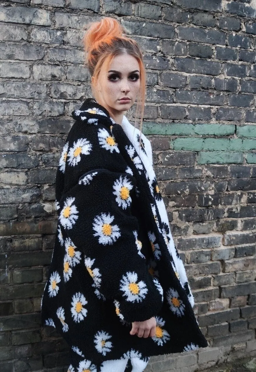 Floral fleece coat handmade daisy trench jacket white black