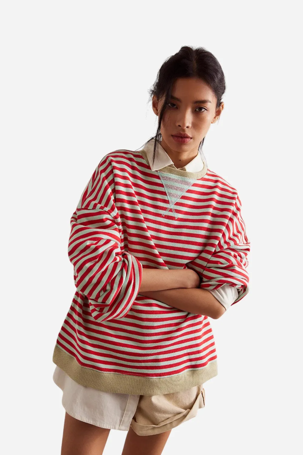 Free People Classic Striped Oversized Crewneck in Cherry Combo