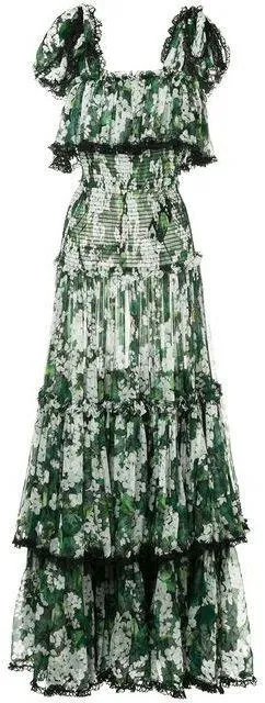 Geranium Printed Long Tiered Dress