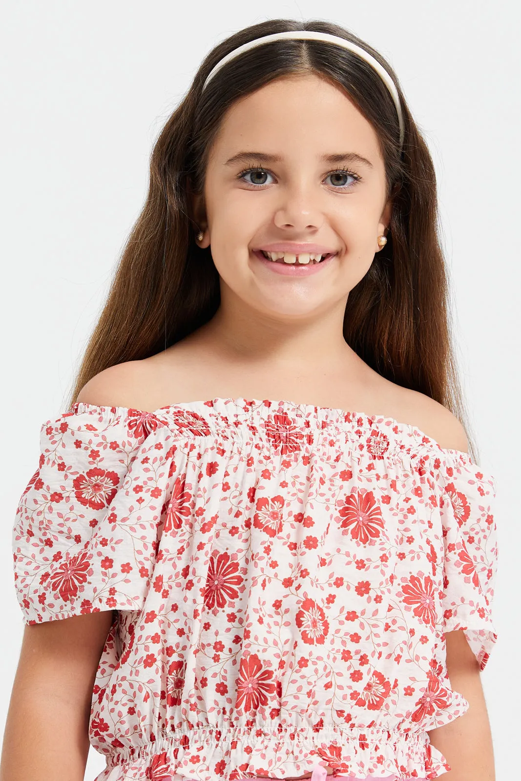 Girls Cream And Red Printed Top