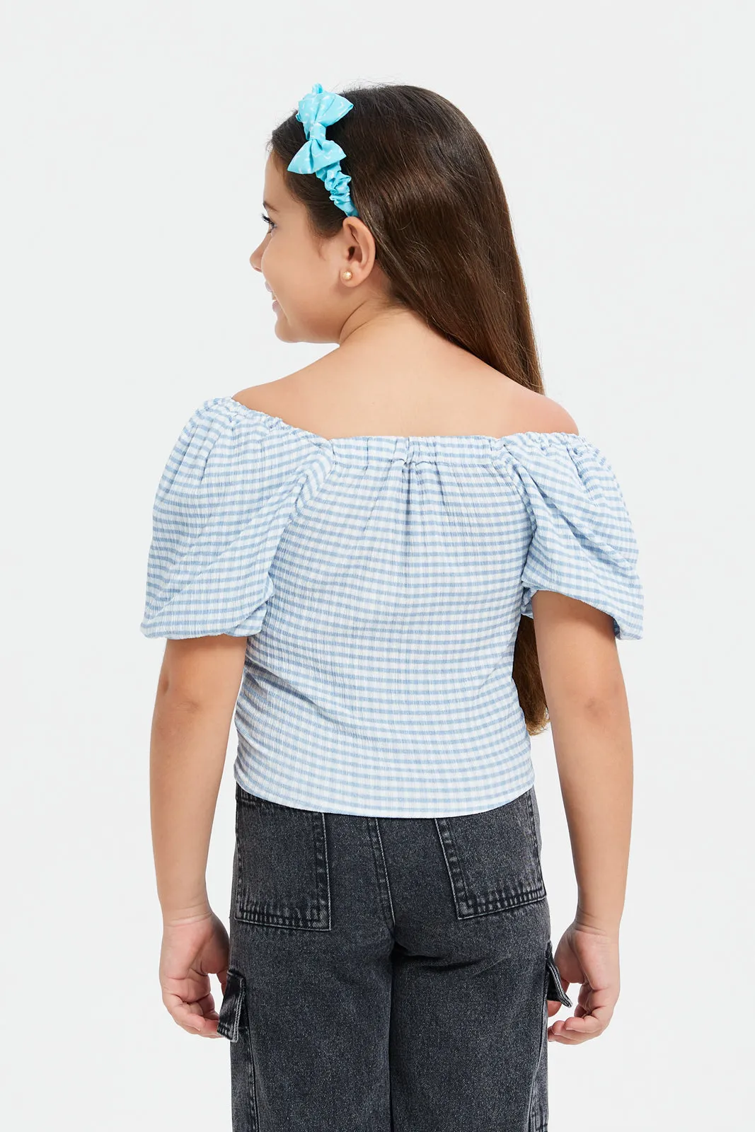 Girls White And Blue Checkered Blouse