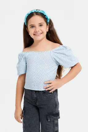 Girls White And Blue Checkered Blouse