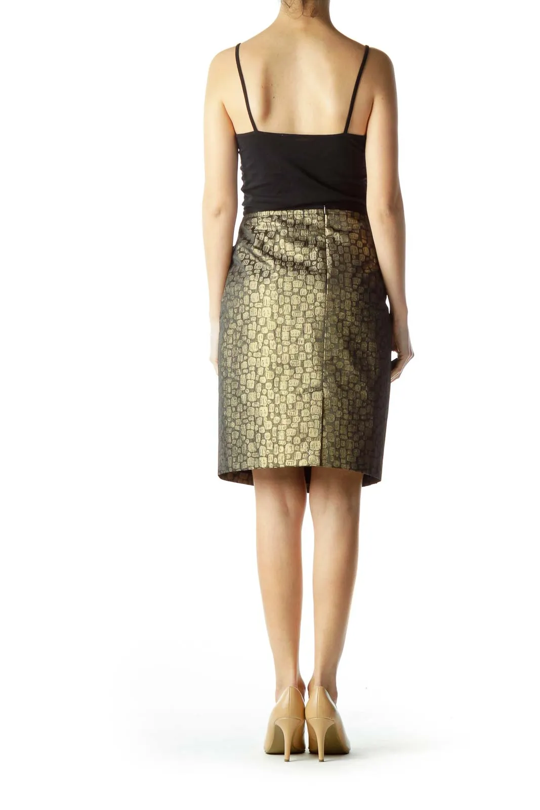 Gold Black Metallic A-Line Skirt with Pockets