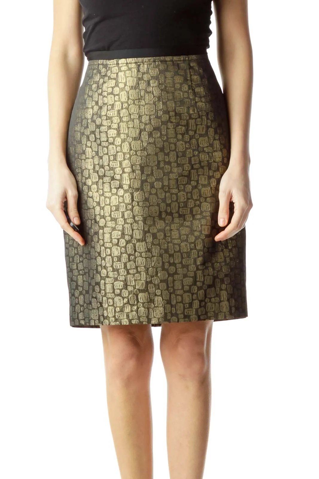 Gold Black Metallic A-Line Skirt with Pockets