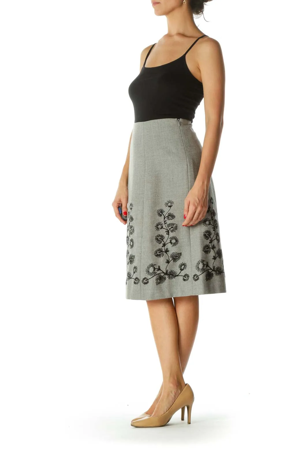 Gray Black Wool Floral Embroidery Cinched-Waist A-Line Skirt