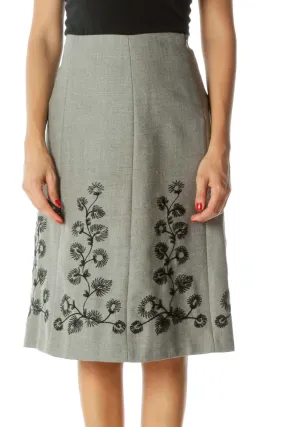 Gray Black Wool Floral Embroidery Cinched-Waist A-Line Skirt