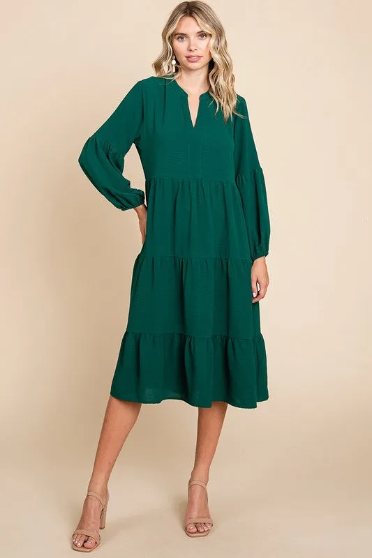 Green Tiered V Neck Long Sleeve Ruffle Hem Midi Dress