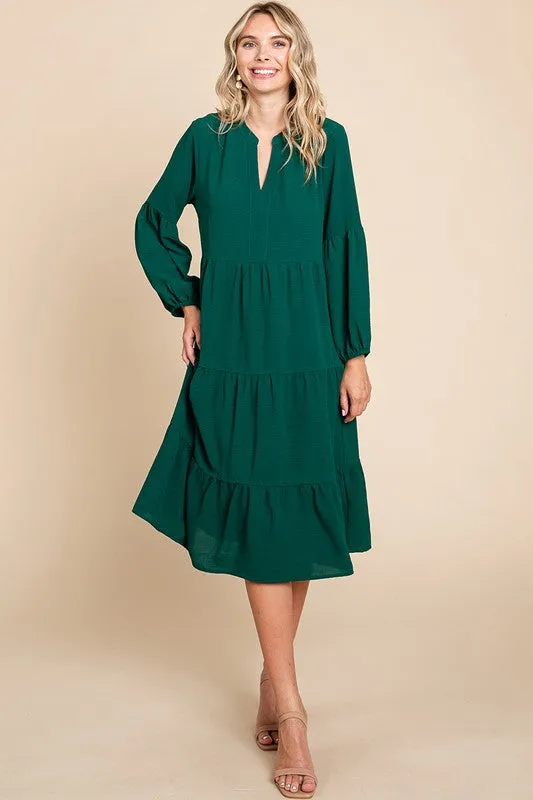 Green Tiered V Neck Long Sleeve Ruffle Hem Midi Dress