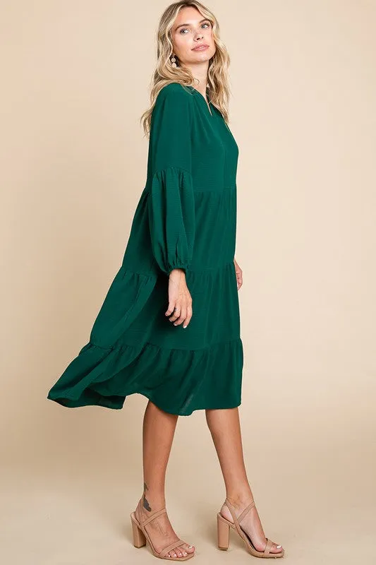 Green Tiered V Neck Long Sleeve Ruffle Hem Midi Dress