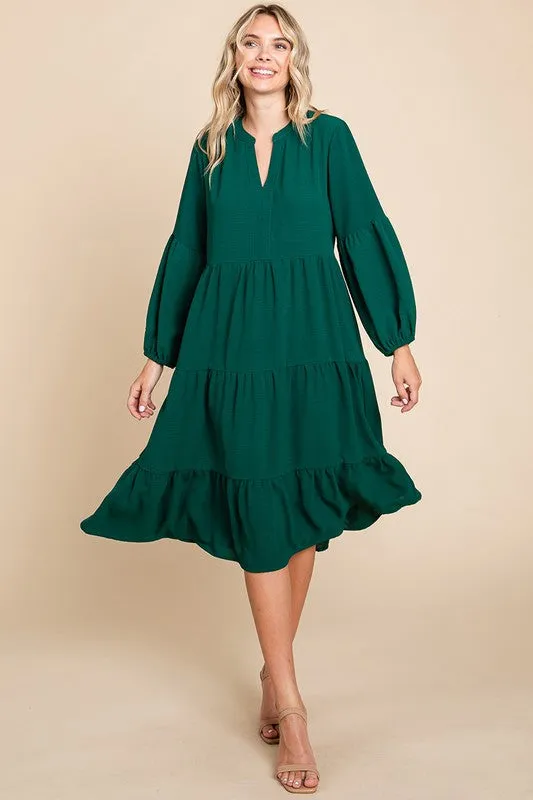 Green Tiered V Neck Long Sleeve Ruffle Hem Midi Dress