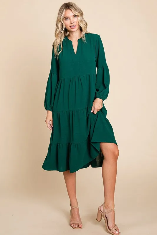 Green Tiered V Neck Long Sleeve Ruffle Hem Midi Dress