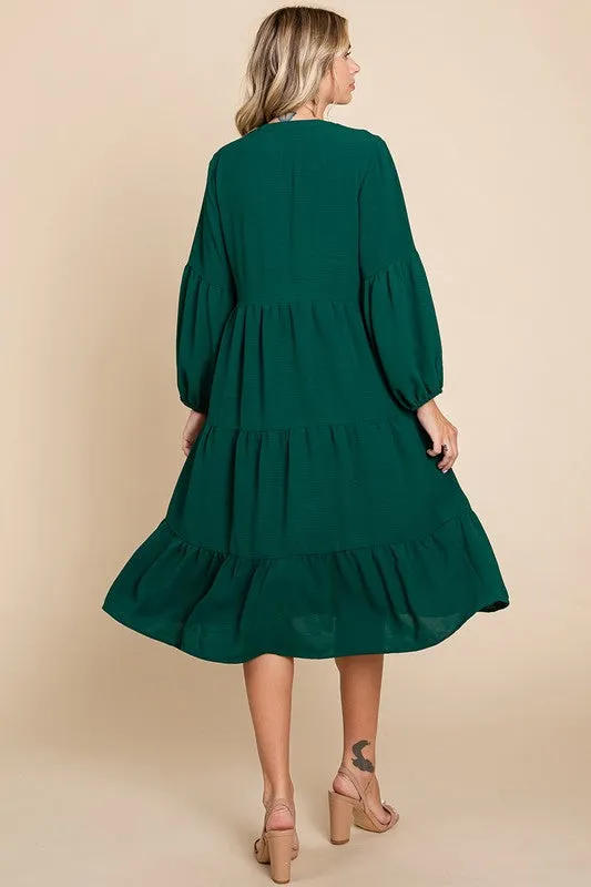 Green Tiered V Neck Long Sleeve Ruffle Hem Midi Dress