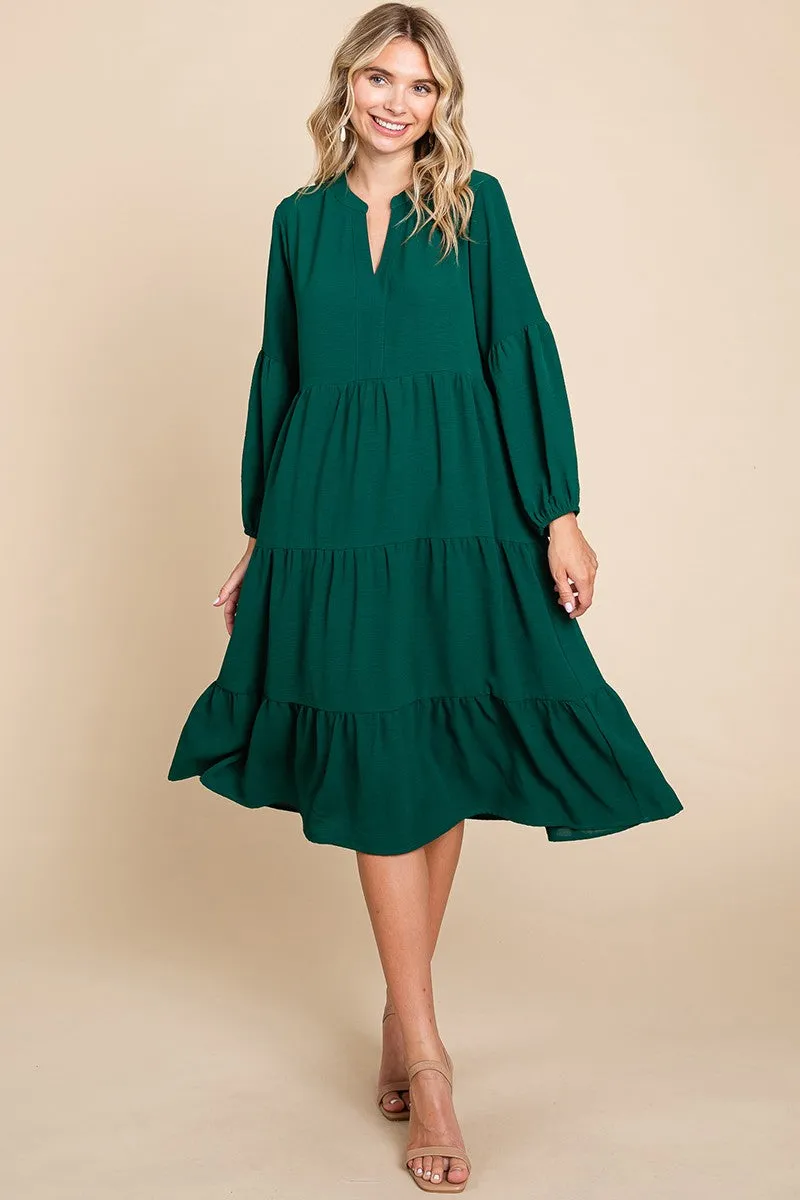 Green Tiered V Neck Long Sleeve Ruffle Hem Midi Dress