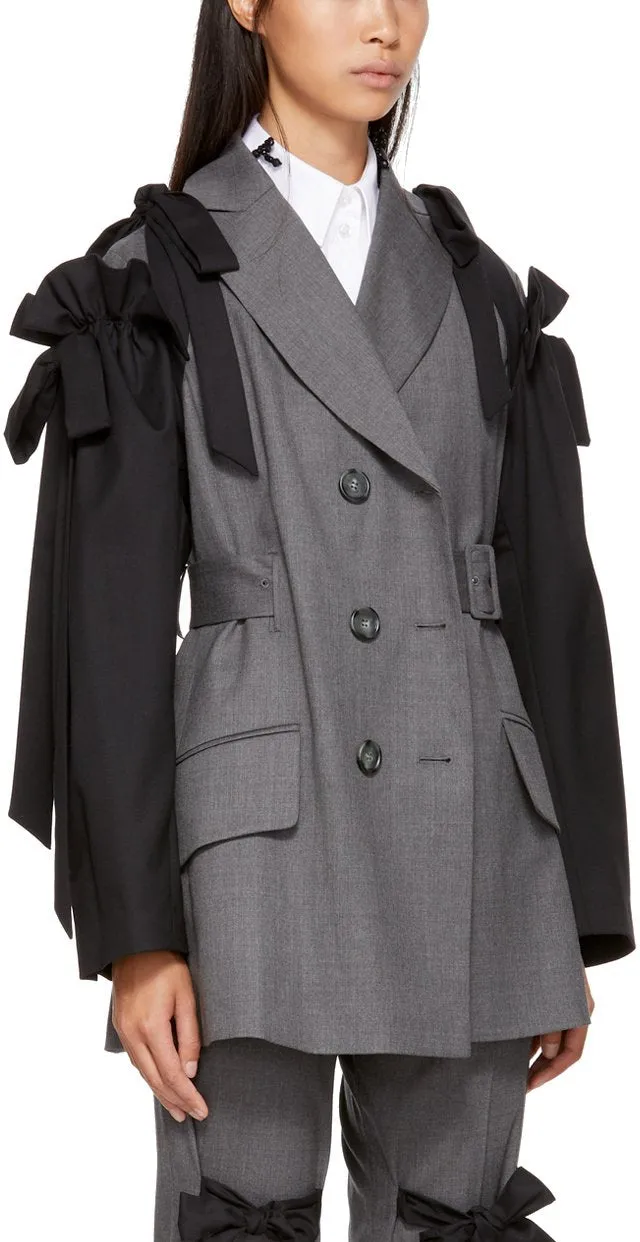 Grey & Black Bows Belted Blazer