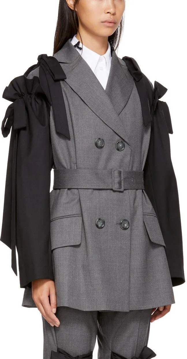 Grey & Black Bows Belted Blazer