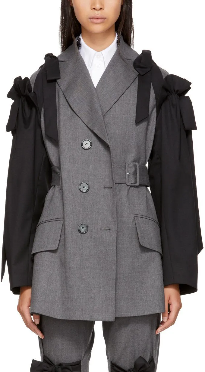 Grey & Black Bows Belted Blazer