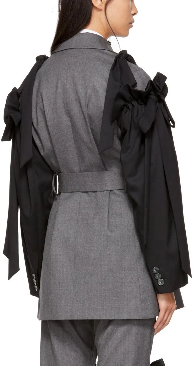 Grey & Black Bows Belted Blazer