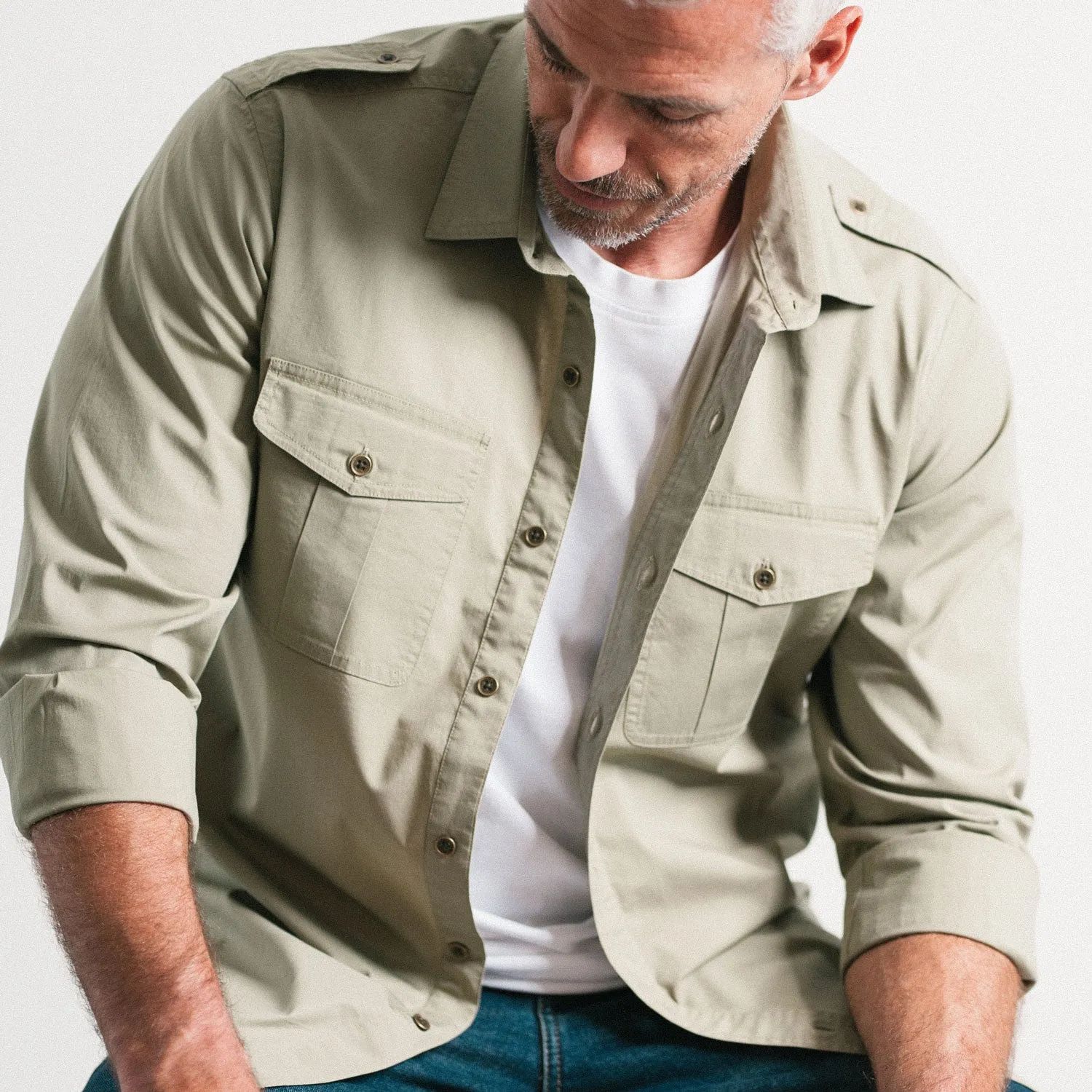 Guide Utility Shirt – Light Fatigue Green Stretch Cotton Poplin