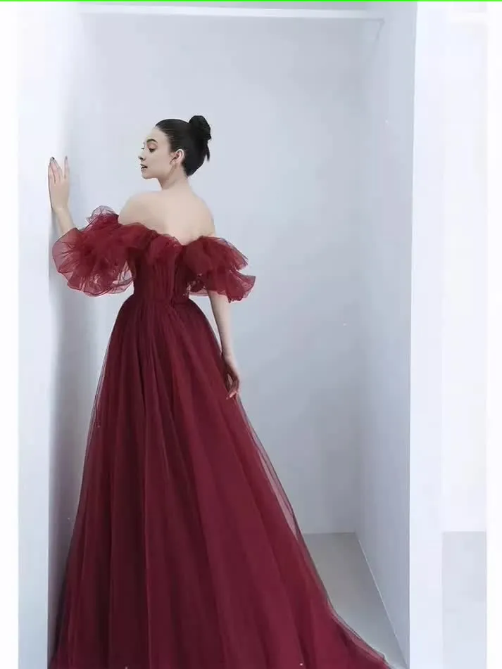 kamahe Ball Gown Burgundy Off The Shoulder Prom Dresses Evening Dress