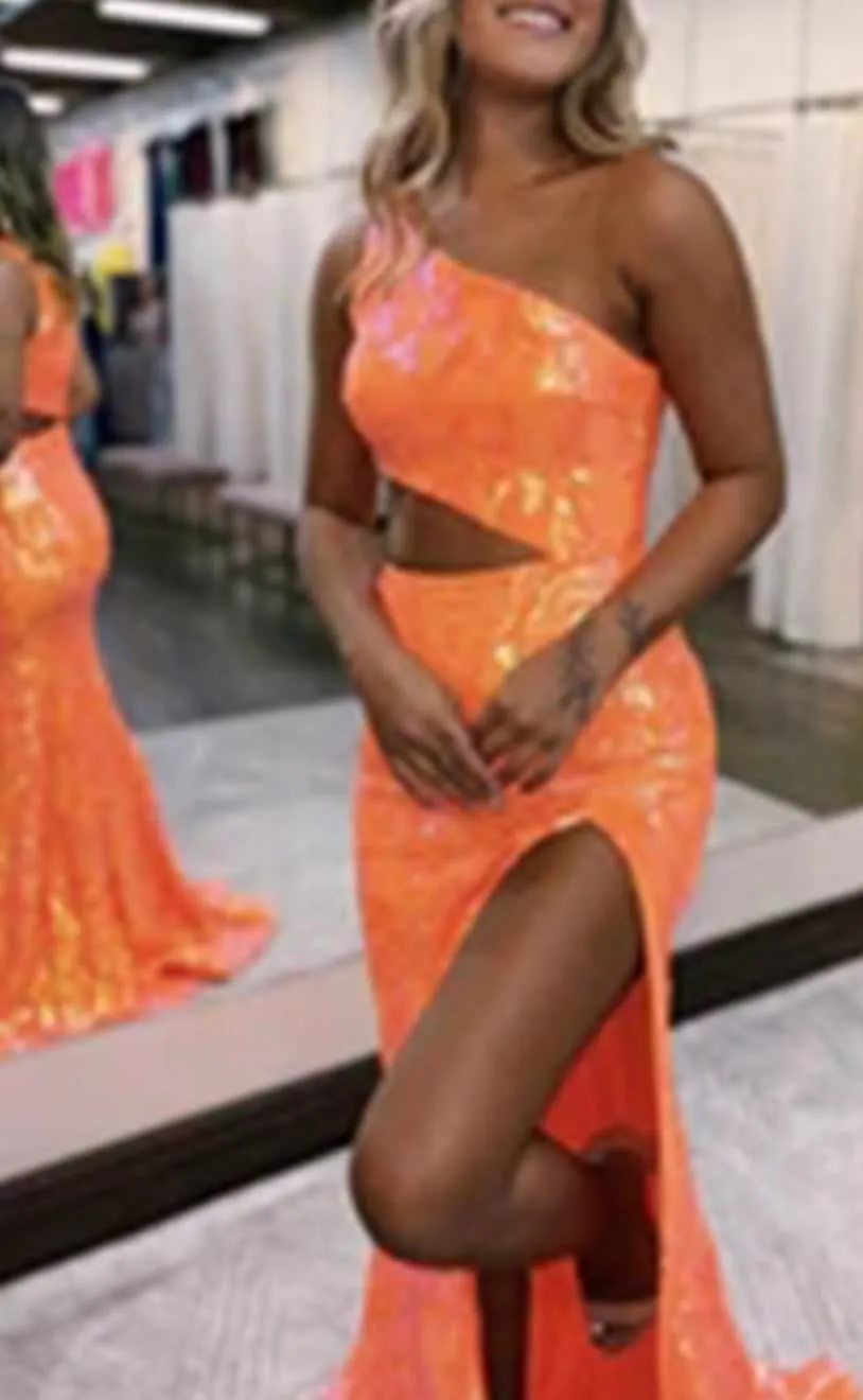 kamahe Sparkly Orange Sequin One Shoulder Long Prom Dress with Slit Formal Evening Dresses