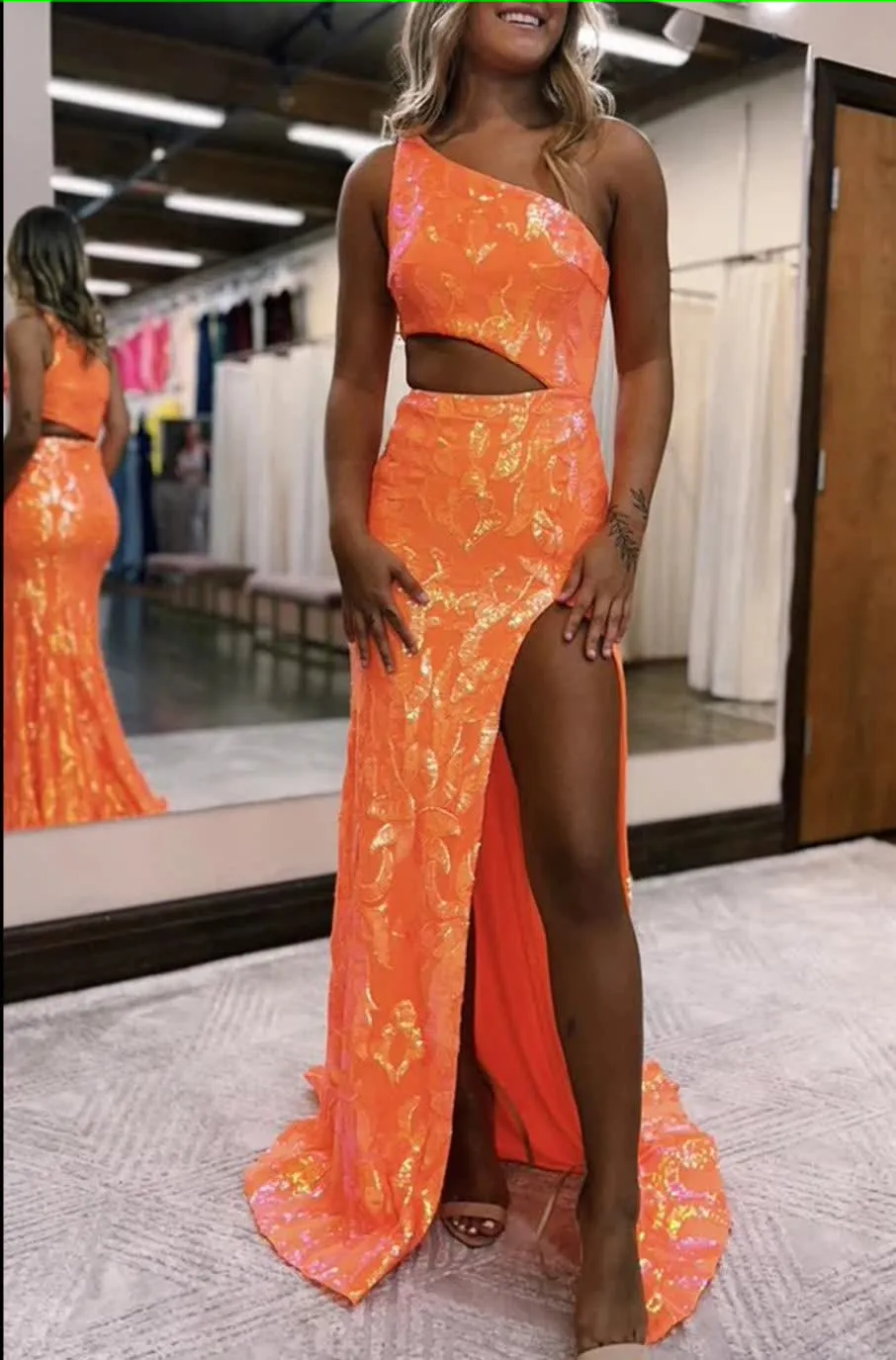 kamahe Sparkly Orange Sequin One Shoulder Long Prom Dress with Slit Formal Evening Dresses